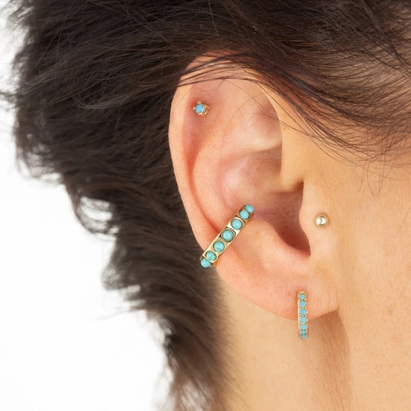 COPY - 1 pair 925 Sterling Turquoise Teal Gold Studs Hoops Hinges Pin Earrings - Picture 4 of 16